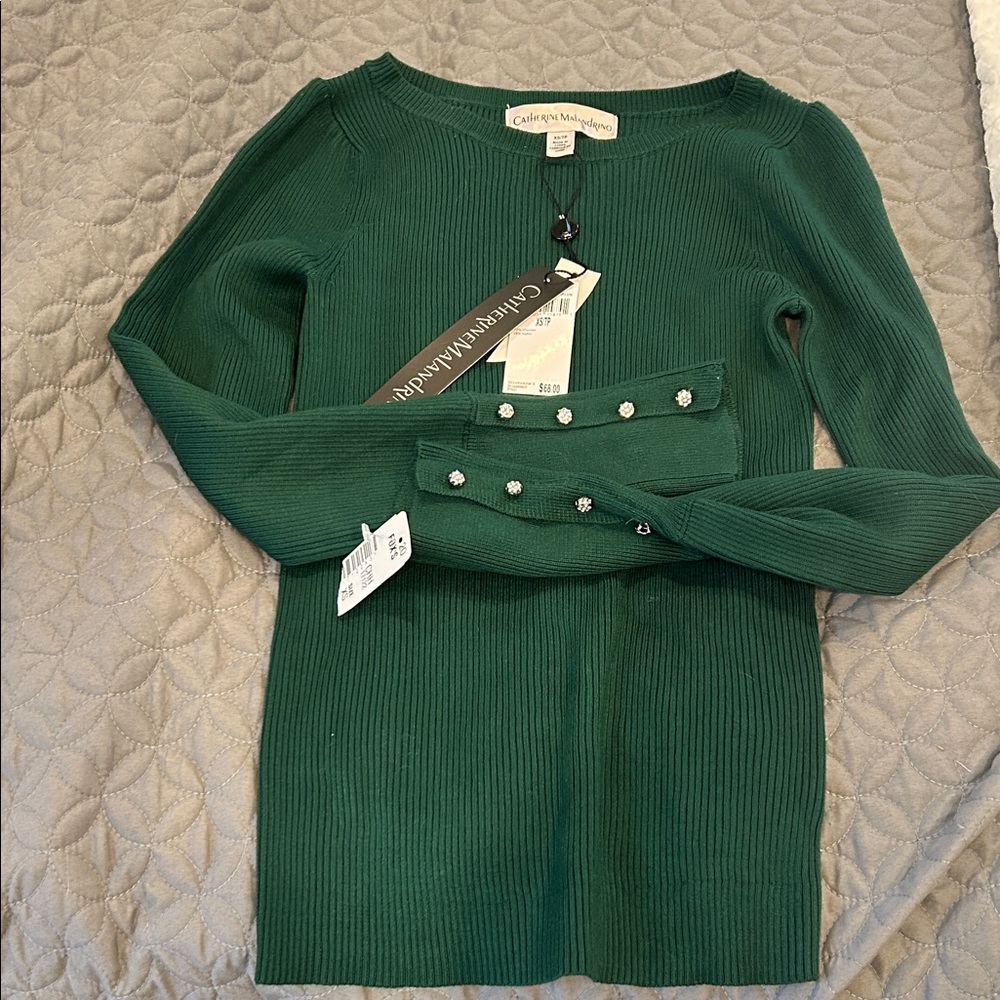 Catherine Malandrino Green sweater w/rhinestones buttons on sleeves. Size XS.